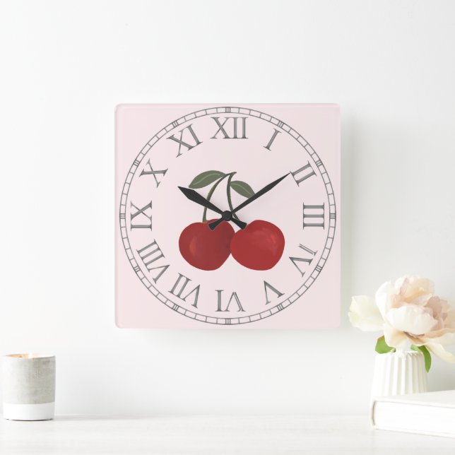 Relógio Quadrado Red Cherries Fruit Illustration  (Lar)