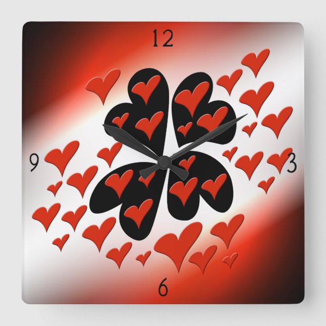 Relógio Quadrado Red on Black Heart Square Wall Clock (Frente)