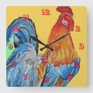 Relógio Quadrado Red Rooster Chicken Cockerel Birds Watercolor