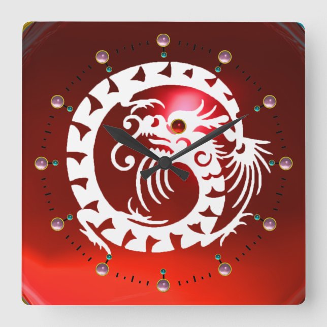 RELÓGIO QUADRADO RED RUBY AND WHITE SNAKE DRAGON ,PINK  GEMSTONES (Frente)