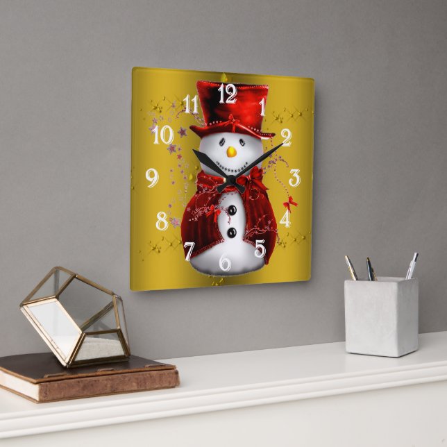 Relógio Quadrado Red Snowmen no Dourado (Escritório)