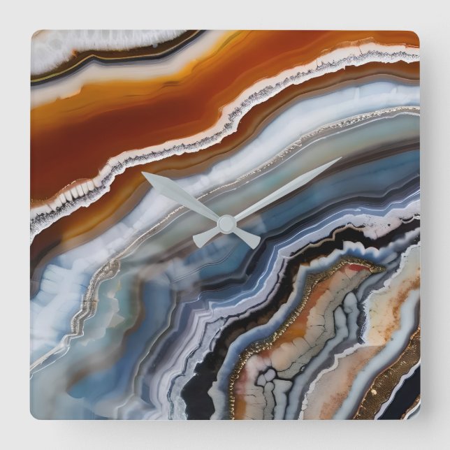 Relógio Quadrado Red Terracotta White Black Blue Agate Geode (Frente)