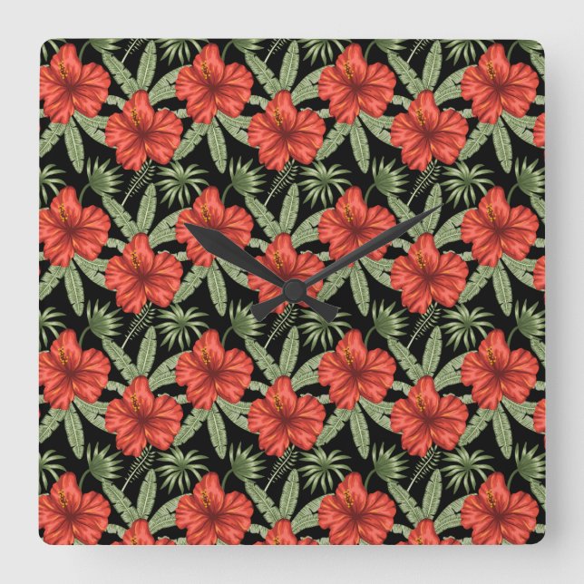 Relógio Quadrado Red tropical flowers seamless pattern green leaves (Frente)
