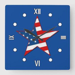 Relógio Quadrado Red White e Blue Patriotic Star Wall Clock