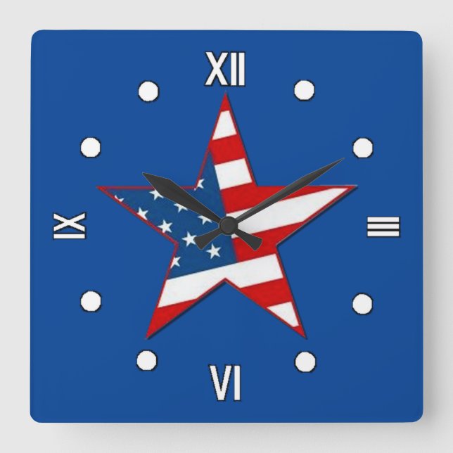 Relógio Quadrado Red White e Blue Patriotic Star Wall Clock (Frente)