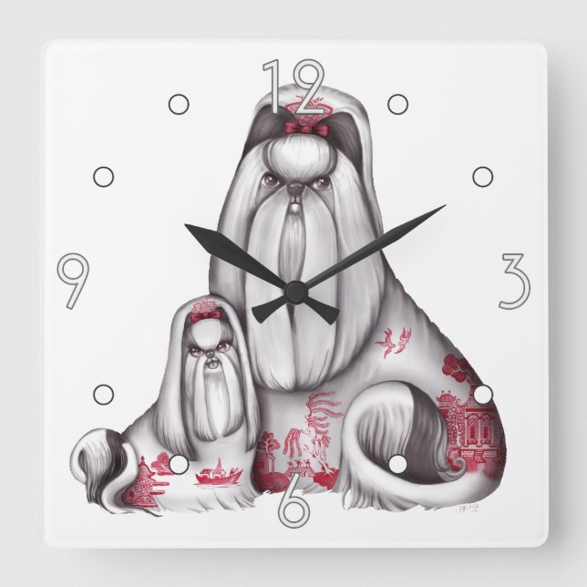 Relógio Quadrado Red Willow Shih Tzus Wall Clock (Frente)