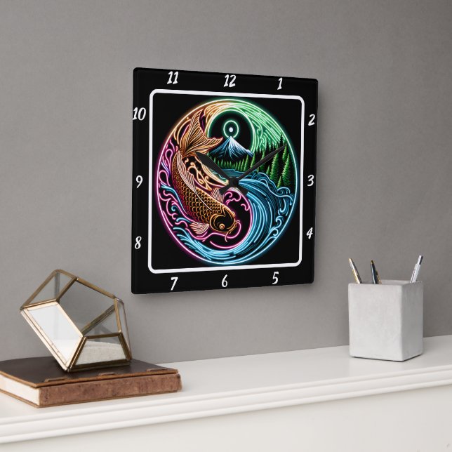 Relógio Quadrado Reflexão Dourada de Peixes Neon Radiant Koi (Escritório)