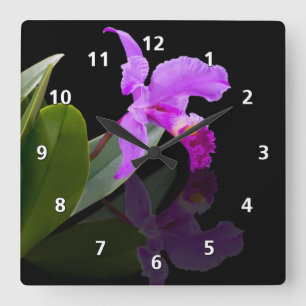 Relógio Quadrado Reflexões da orquídea no preto