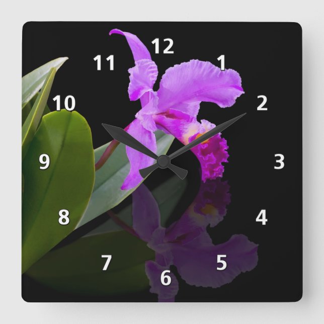 Relógio Quadrado Reflexões Orquídeas em Preto (Frente)
