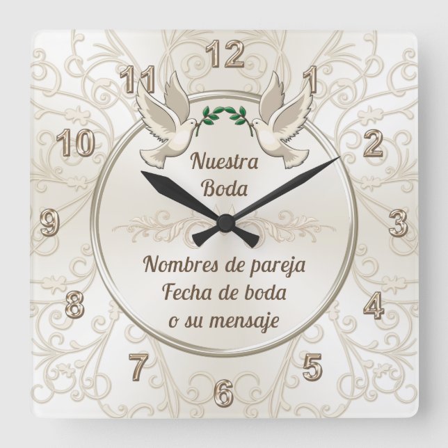 Relógio Quadrado Reloj de boda, personalizado em español (Frente)