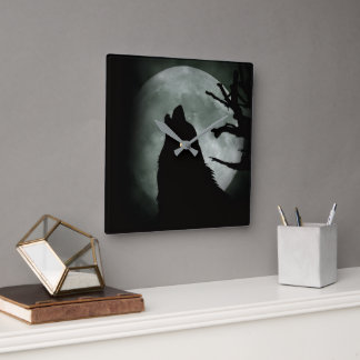 Relógio Quadrado Reloj de Pared - Lobo Aullando a la luna Llena