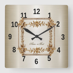 Relógio Quadrado Retângulo Ornado Dourado Flores de Diamante Brilha