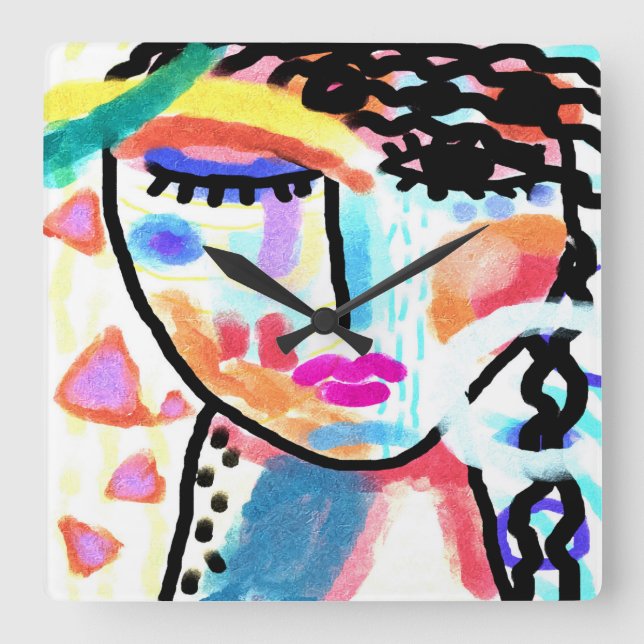 Relógio Quadrado Retrato Abstrato Funky de uma Mulher (Frente)
