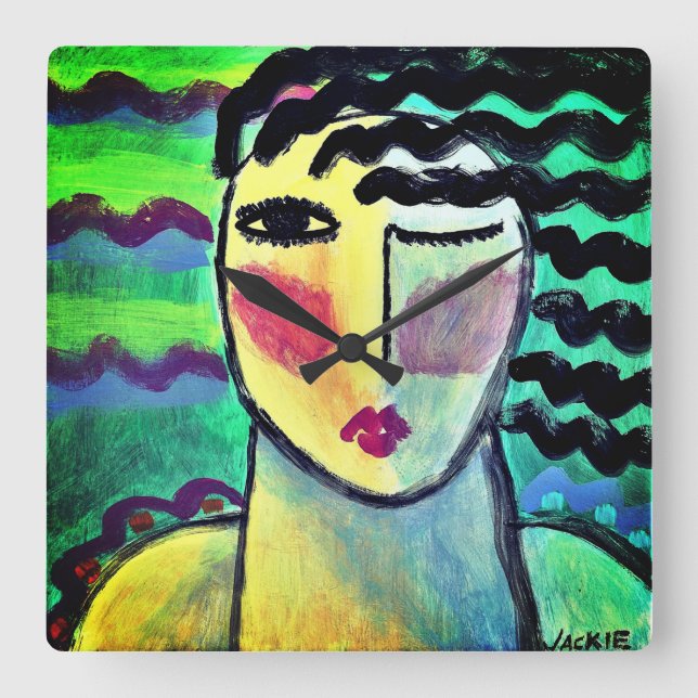 Relógio Quadrado Retrato Abstrato Funky de uma Mulher (Frente)