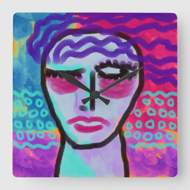 Relógio Quadrado Retrato Abstrato original de uma mulher (Frente)