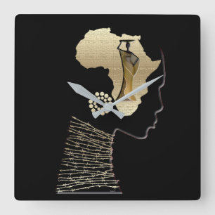 Relógio Quadrado Retrato Afrocentrista Dourado Símbolo da África