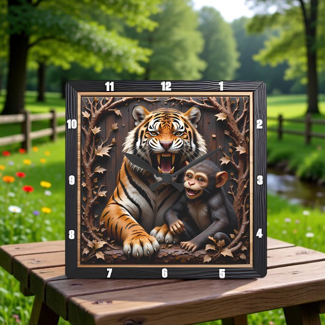 Relógio Quadrado Retrato aproximado de macaco e tigre (Criador carregado)