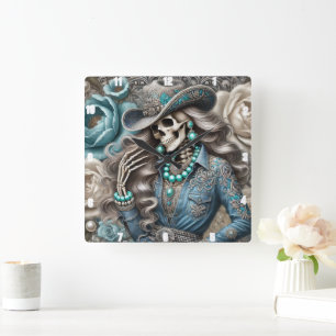 Relógio Quadrado Retrato de Esqueleto Elegante Fundo Floral