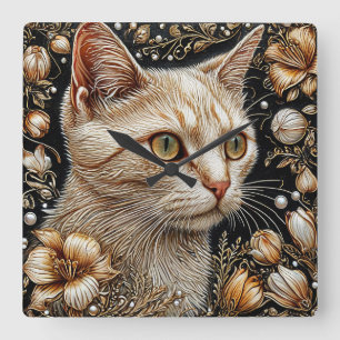 Relógio Quadrado Retrato de Gato Elegante