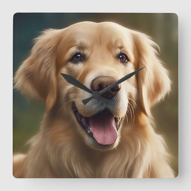 Relógio Quadrado Retrato do Cachorro do Retriever do ouro (Frente)