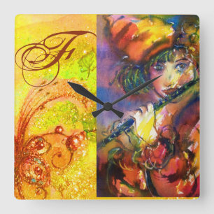 Relógio Quadrado RETRATO do FLUTIST/monograma Venetian do mascarada