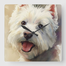 Relógio Quadrado Retrato em aquarela de cão Westie