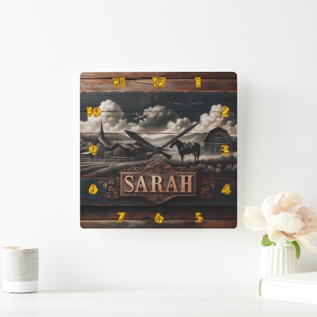 Relógio Quadrado Retrato Russo de Cavalo Perto de Farmhouse em Dusk (Lar)