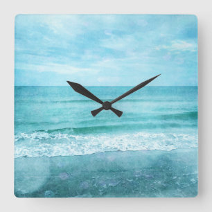 Relógio Quadrado Retro Beach - Coaster Ocean Teal Blue Watercolor