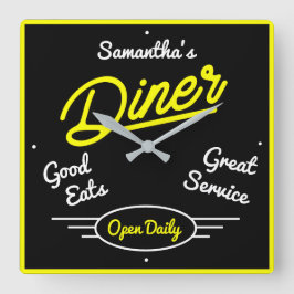 Relógio Quadrado Retro Diner Anos 50 Efeito Neon Amarelo Qualquer N