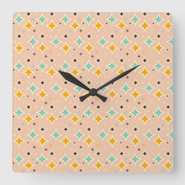 Relógio Quadrado Retro geometric pattern with teal, orange, black (Frente)