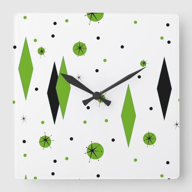Relógio Quadrado Retro Green Diamonds & Starbursts Wall Clock (Frente)