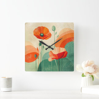Relógio Quadrado Retro Modern Abstract Poppy Floral Art