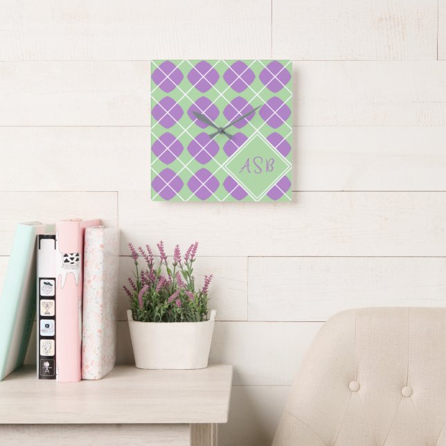 Relógio Quadrado Retro Modern Purple Green Pastel Argyle (Sala de leitura)