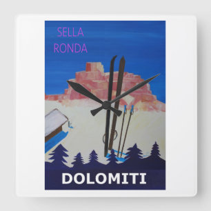 Relógio Quadrado Retro Poster Dolomés Itália em Sella Ronda
