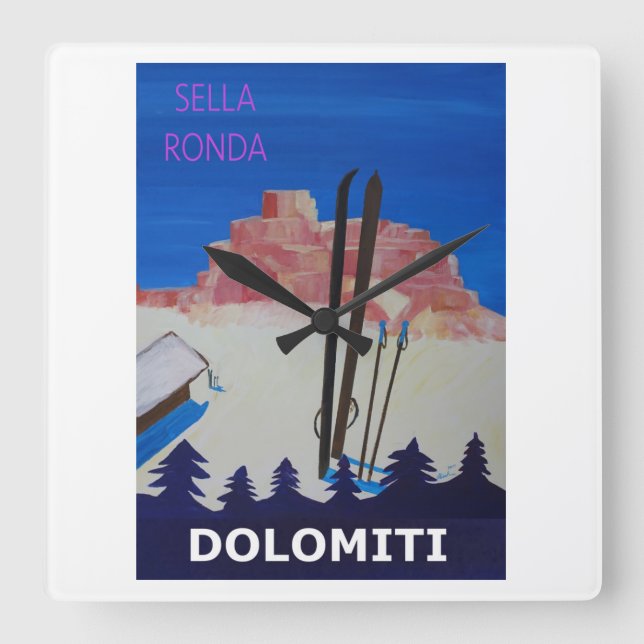 Relógio Quadrado Retro Poster Dolomés Itália em Sella Ronda (Frente)