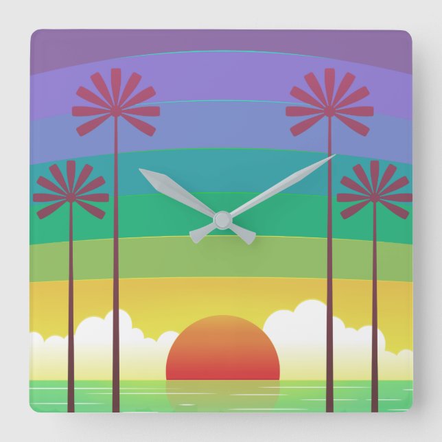 Relógio Quadrado Retro Purple Sunset Palm Trees Art (Frente)