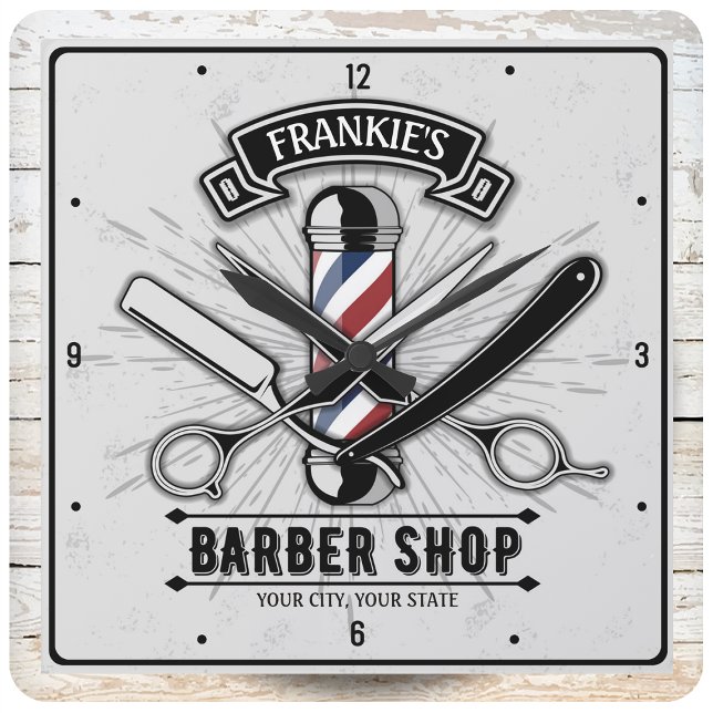 Relógio Quadrado Retro Salon Barber Shop Barbershop Personalized (Criador carregado)