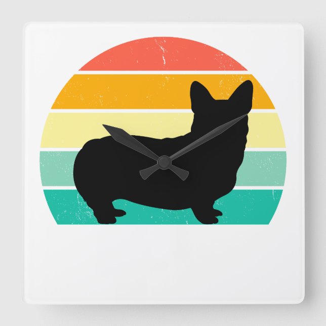 Relógio Quadrado Retro Sunset Corgi (Frente)