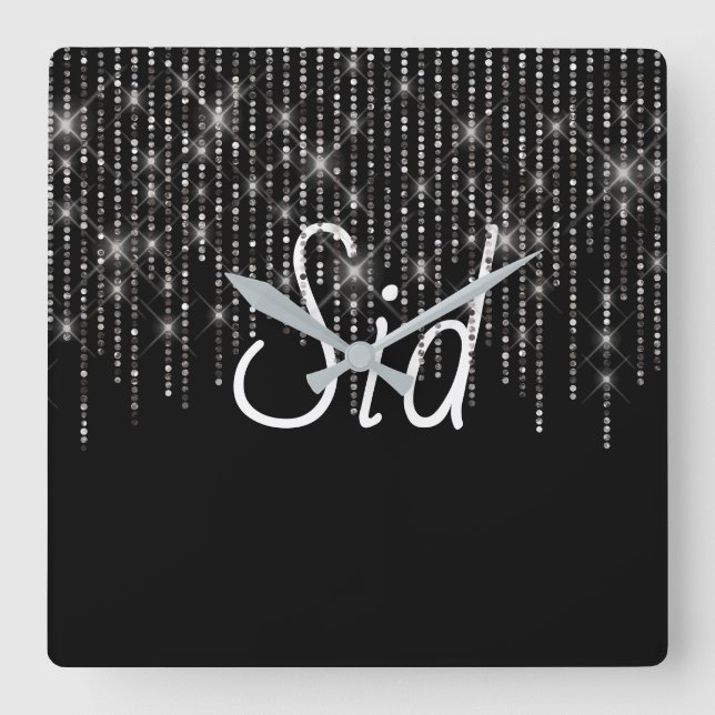 Relógio Quadrado Rhinestone Bling com Nome (Frente)