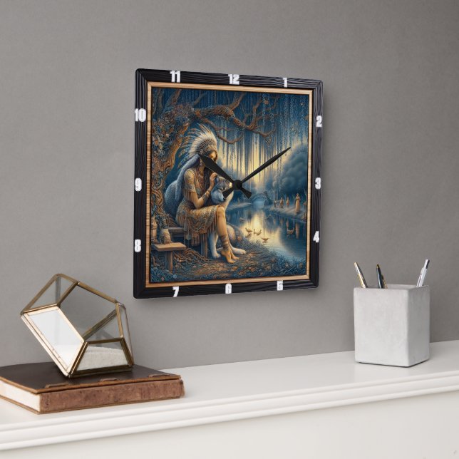 Relógio Quadrado Ritmo Nativo do Rio: Batida Cardíaca em Madeira Se (Escritório)