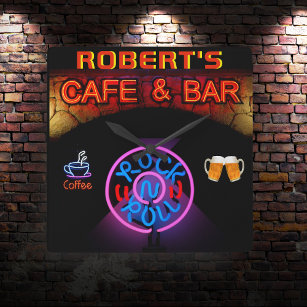 Relógio Quadrado ROBERT - Nome Bar de Sinalização Neon Mancave Den 