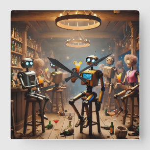 Relógio Quadrado robots having fun in a bar