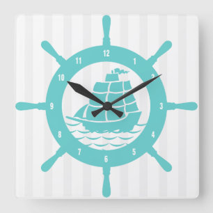 Relógio Quadrado Roda e tiras Náuticas Altos e Brancos