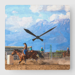 Relógio Quadrado Rodeio Feminino de Barril Correndo Rústico Ocident