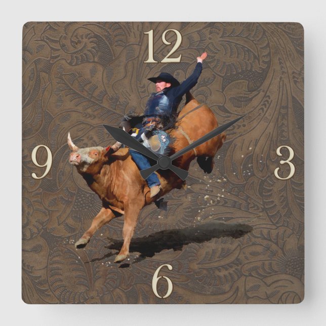 Relógio Quadrado Rodeo Cowboy Bull-Riding Western Themed Clock (Frente)