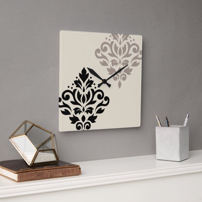 Relógio Quadrado Rolar Damask Art I Black Taupe Cream (Escritório)