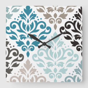 Relógio Quadrado Rolar Damask Offset Ptn Art Teals Browse White