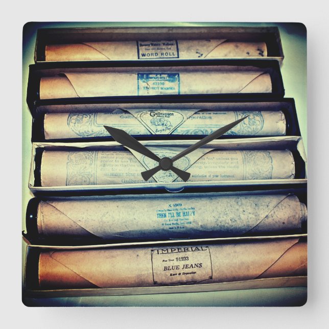 Relógio Quadrado Rolos Antigos de Piano de Papel (Frente)