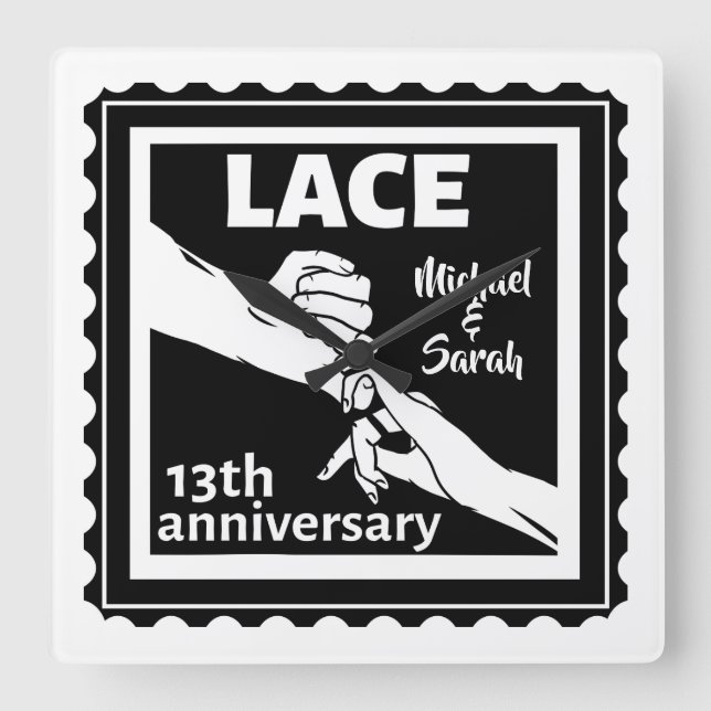 Relógio Quadrado Românico de mãos dadas 13 aniversário de casamento (Frente)