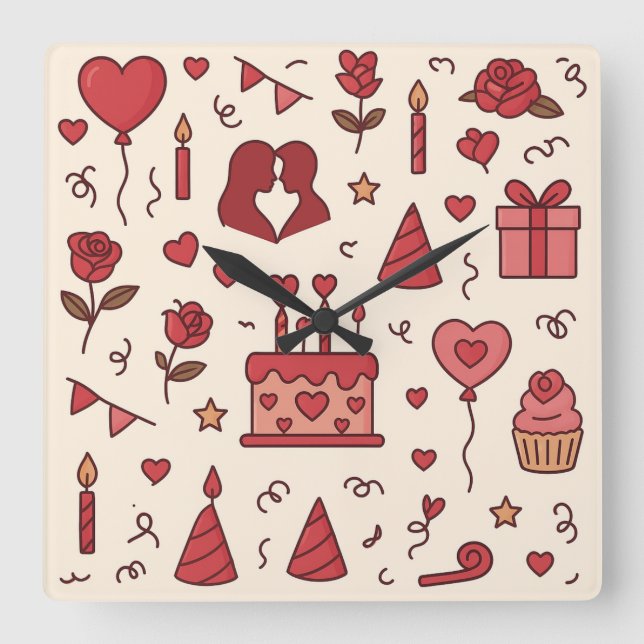 Relógio Quadrado Romantic Celebration Doodle Pattern (Frente)